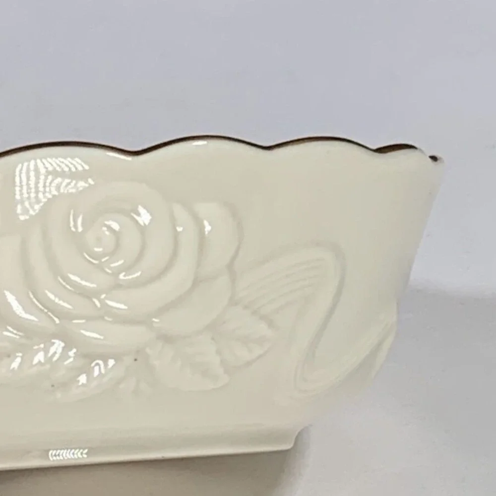 Lenox Ivory Fine China Embossed Rose Scalloped Gold Rim Bowl Handcrafted